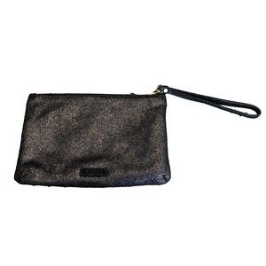 Fossil Wristlet Black Leather Suede Shimmer Glitter Wallet Clutch Pouch Zip Up